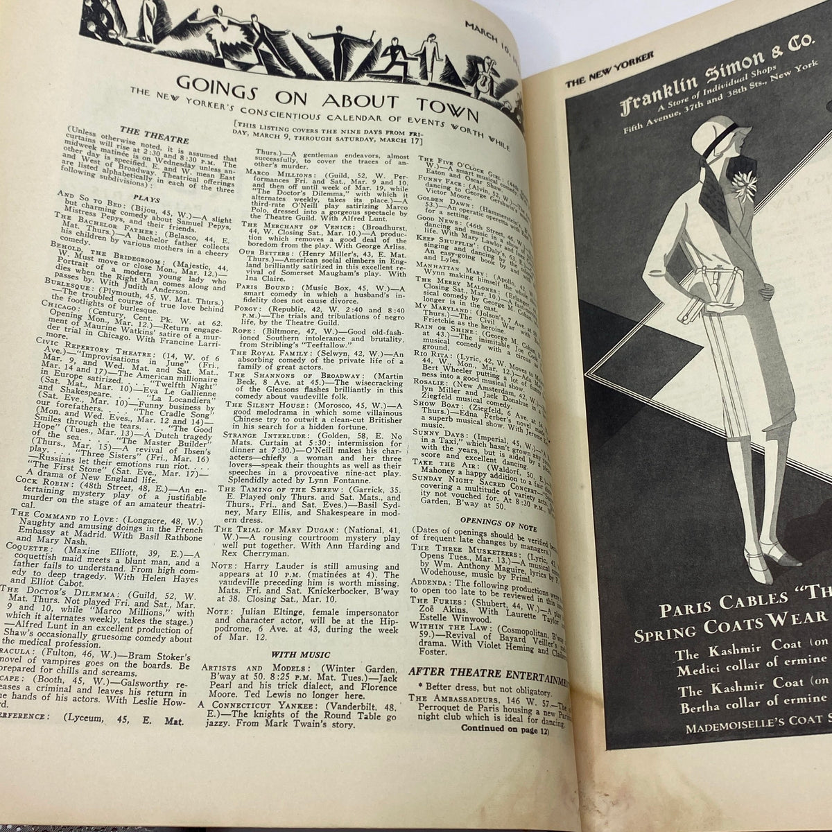 Interior page of The New Yorker magazine from March 10, 1928, featuring the 'Goings On About Town' section and advertisements, showcasing the magazine's classic layout.