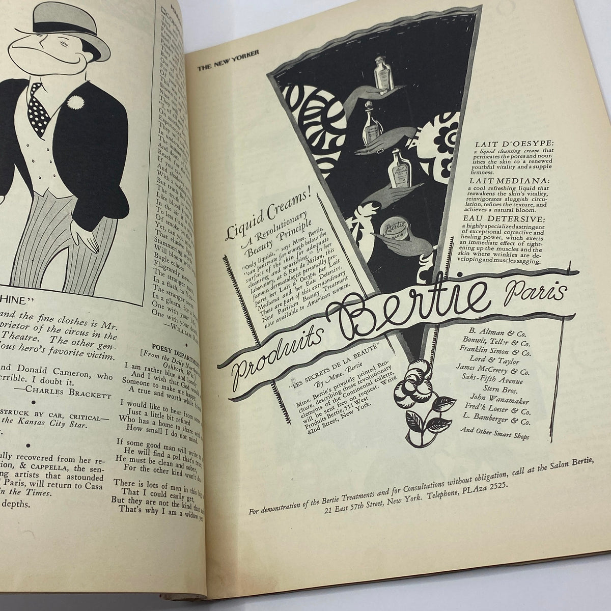 Interior page of The New Yorker magazine from March 10, 1928, showcasing an advertisement for Bertie Paris products with artistic design and product descriptions.
