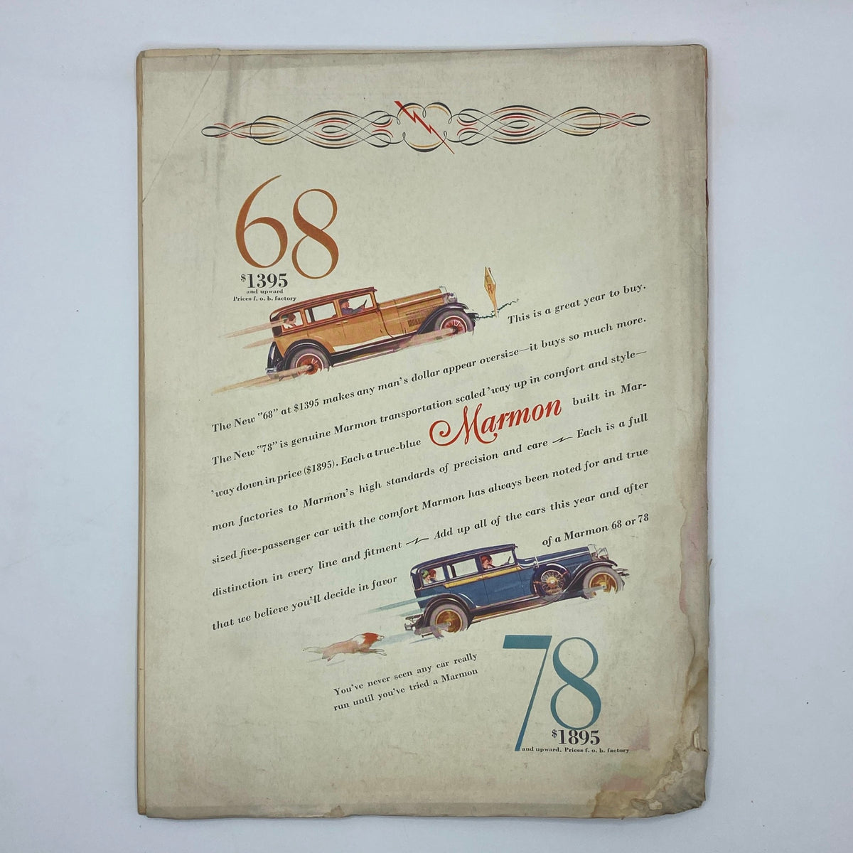 Back cover of The New Yorker magazine from March 10, 1928, featuring an advertisement for Marmon cars, illustrating car features and pricing information.