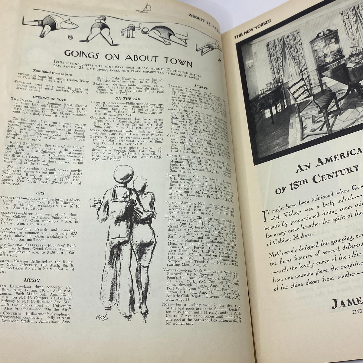 Inside page of The New Yorker Complete Magazine August 18, 1928, highlighting the 'Goings On About Town' section with a sketch of a couple.
