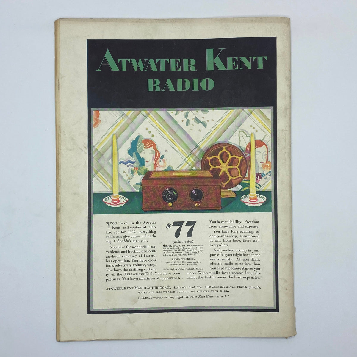 Back cover of The New Yorker Complete Magazine August 18, 1928, advertising Atwater Kent radio with a vintage design.