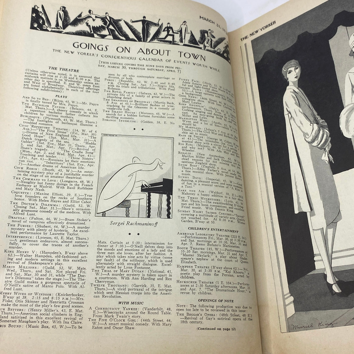 Interior page of The New Yorker Complete Magazine March 31, 1928 featuring the Goings On About Town section, highlighting the magazine's historical content and layout.