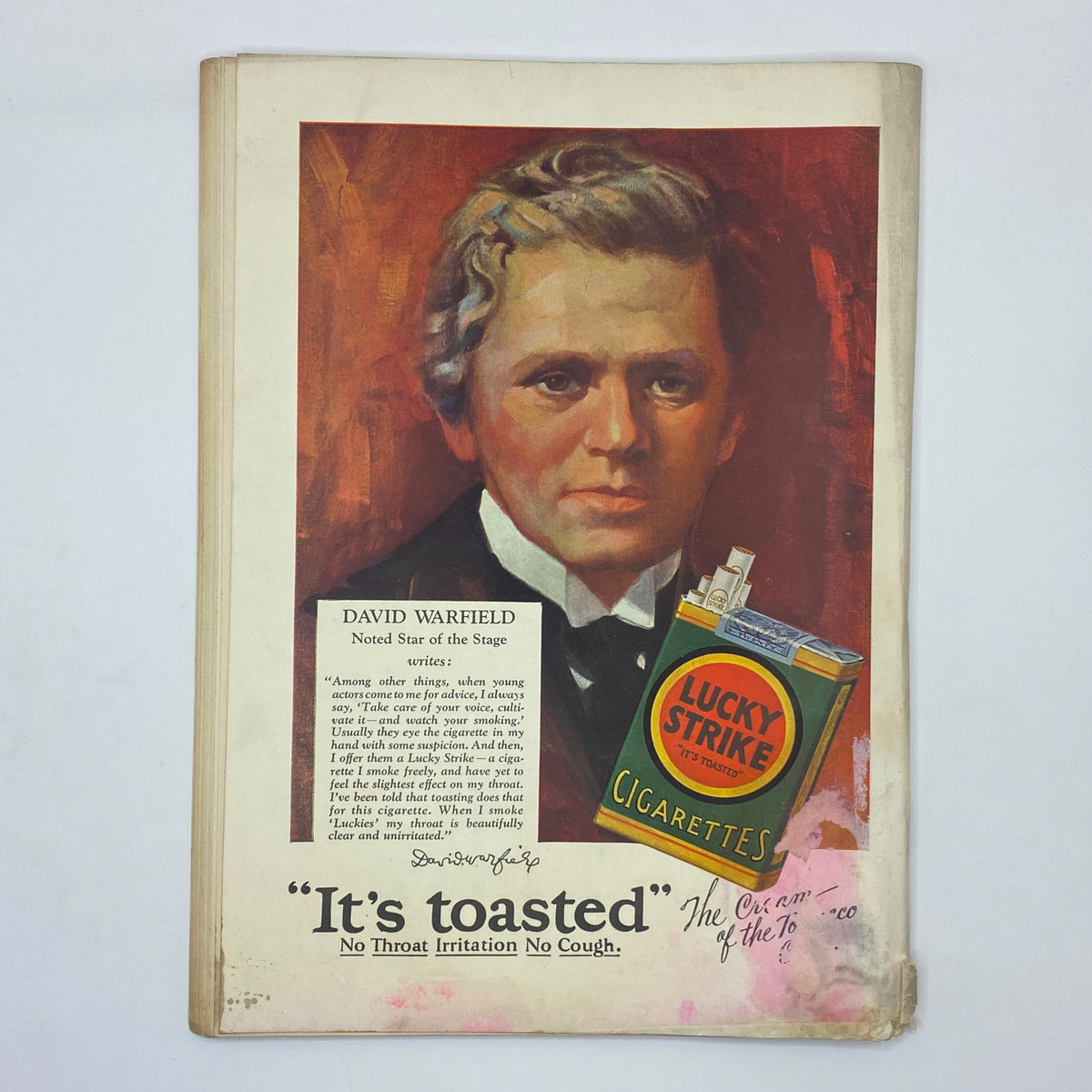 Cover page illustration of David Warfield, a notable figure, featured in The New Yorker Complete Magazine March 31, 1928, promoting Lucky Strike cigarettes.