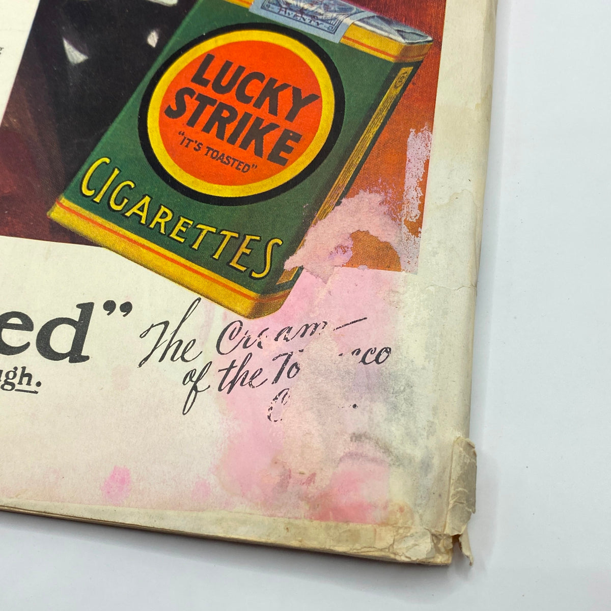 Detail of Lucky Strike cigarette advertisement on the cover page of The New Yorker Complete Magazine March 31, 1928.