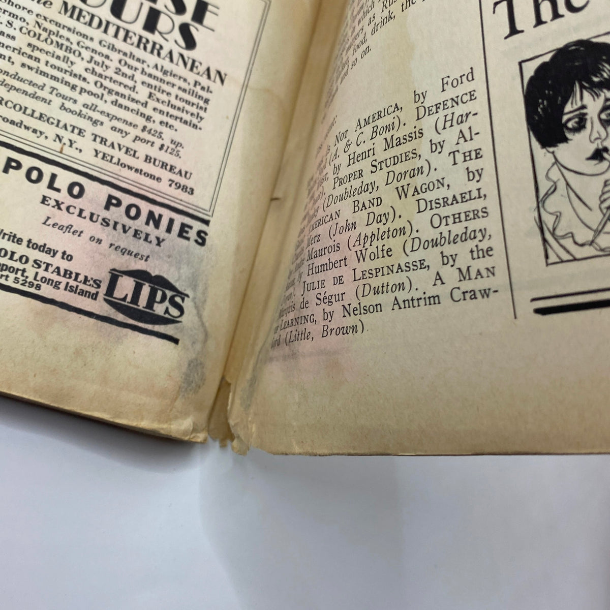 Interior page detail of The New Yorker Complete Magazine March 31, 1928 showing advertisements and listings.