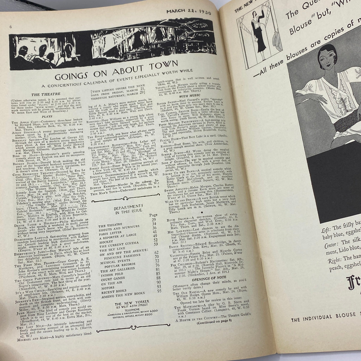 Inside page of The New Yorker Complete Magazine March 22, 1930 featuring the 'Goings On About Town' section, showcasing events and activities relevant to that time period.