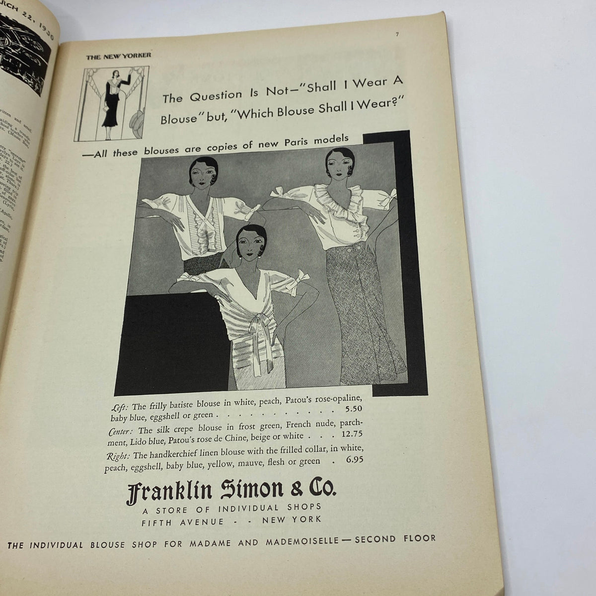 The New Yorker Complete Magazine March 22, 1930 page displaying an advertisement for women's blouses, highlighting Parisian fashion trends with elegant illustrations.