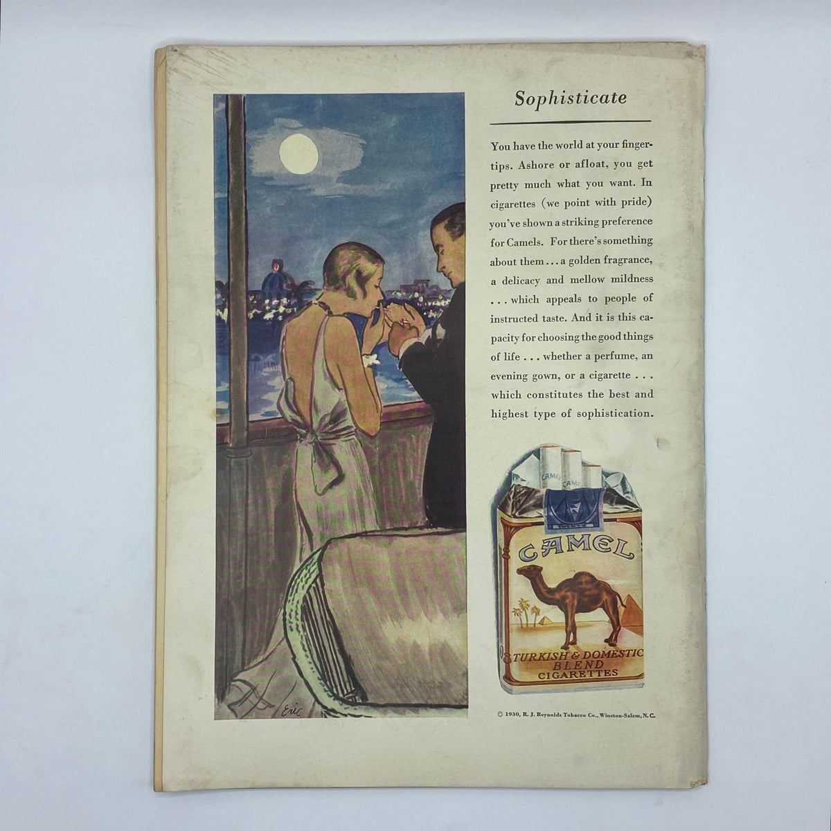 Back cover of The New Yorker Complete Magazine March 22, 1930 featuring sophisticated imagery of a couple and a Camel cigarettes advertisement, illustrating the style and culture of the time.