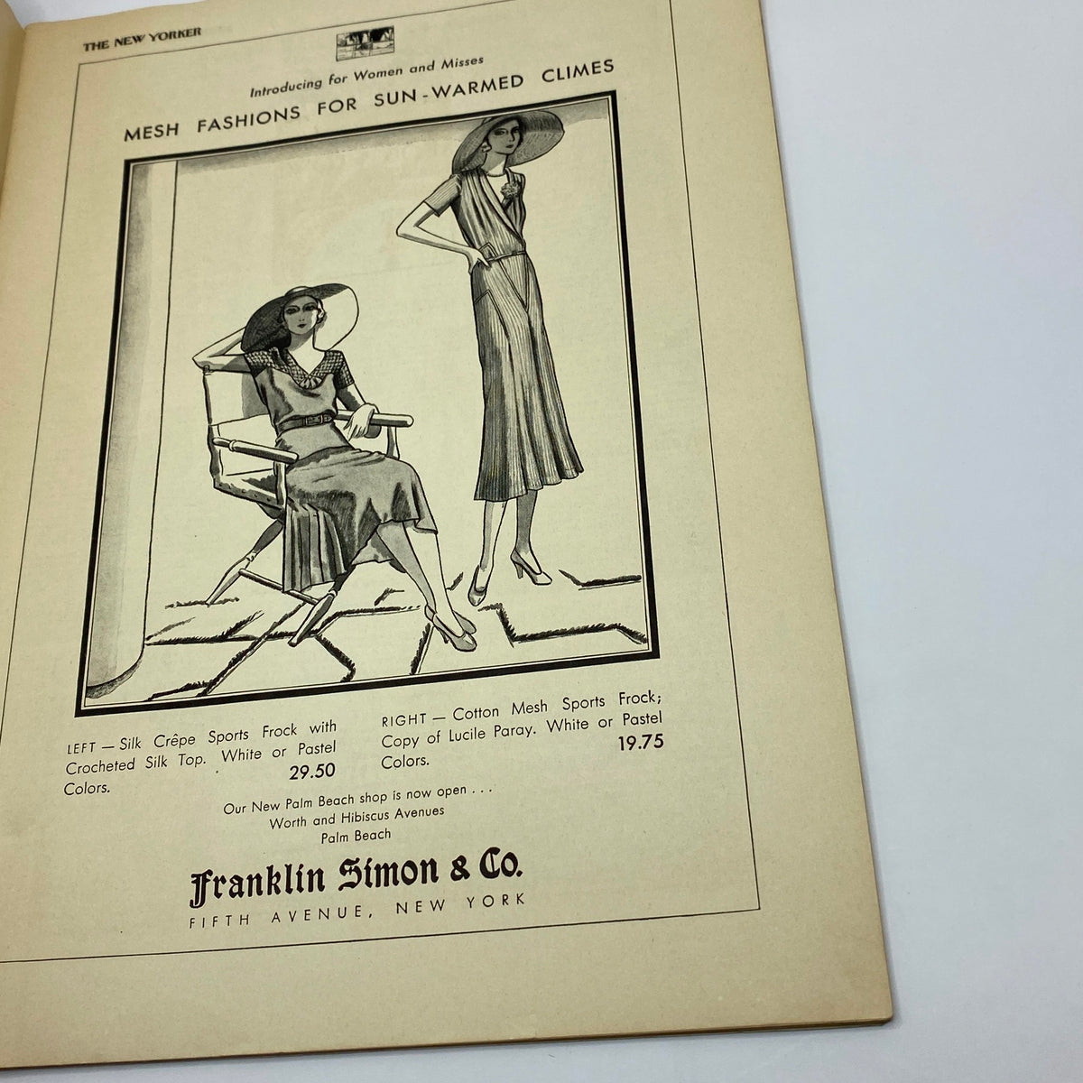 Fashion advertisement in The New Yorker Complete Magazine December 27, 1930 featuring mesh fashions for women, highlighting a silk crepe sports frock and a cotton mesh sports dress.