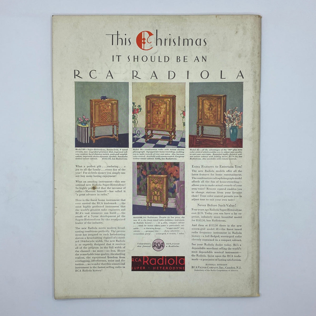 The New Yorker Complete Magazine December 13, 1930 featuring an advertisement for RCA Radiola radios, highlighting their design and functionality as perfect Christmas gifts.