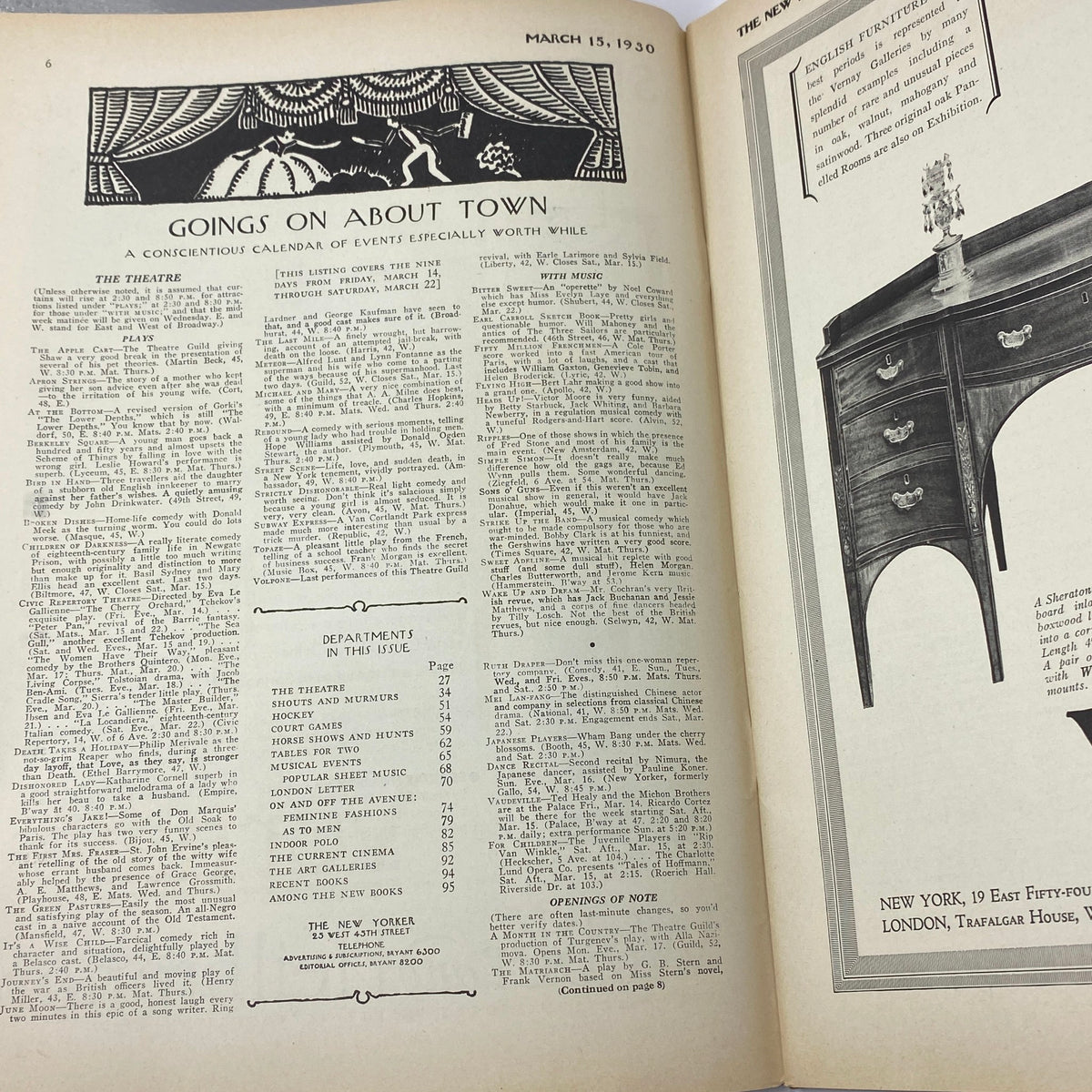 Goings on About Town section from The New Yorker Complete Magazine March 15, 1930, featuring a calendar of events with illustrations and article listings.