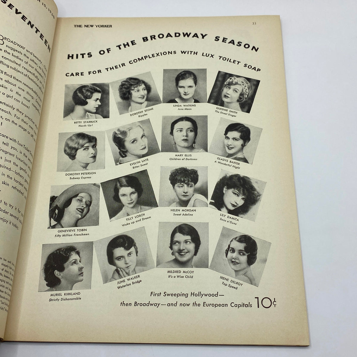 Hits of the Broadway Season page from The New Yorker Complete Magazine March 15, 1930, showcasing famous actresses of the time with Lux Toilet Soap advertisement.