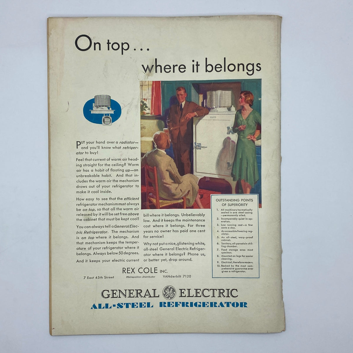 Vintage advertisement for General Electric All-Steel Refrigerator featuring a family scene, emphasizing efficient cooling and design, from The New Yorker magazine February 1, 1930.