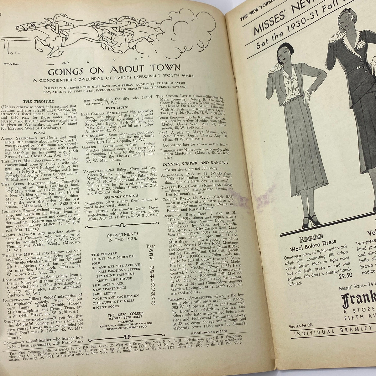 Interior page of The New Yorker magazine from August 23, 1930, featuring events and activities in New York City, showcasing a racing horses illustration and advertisements for local dining options. The magazine is in very good condition.