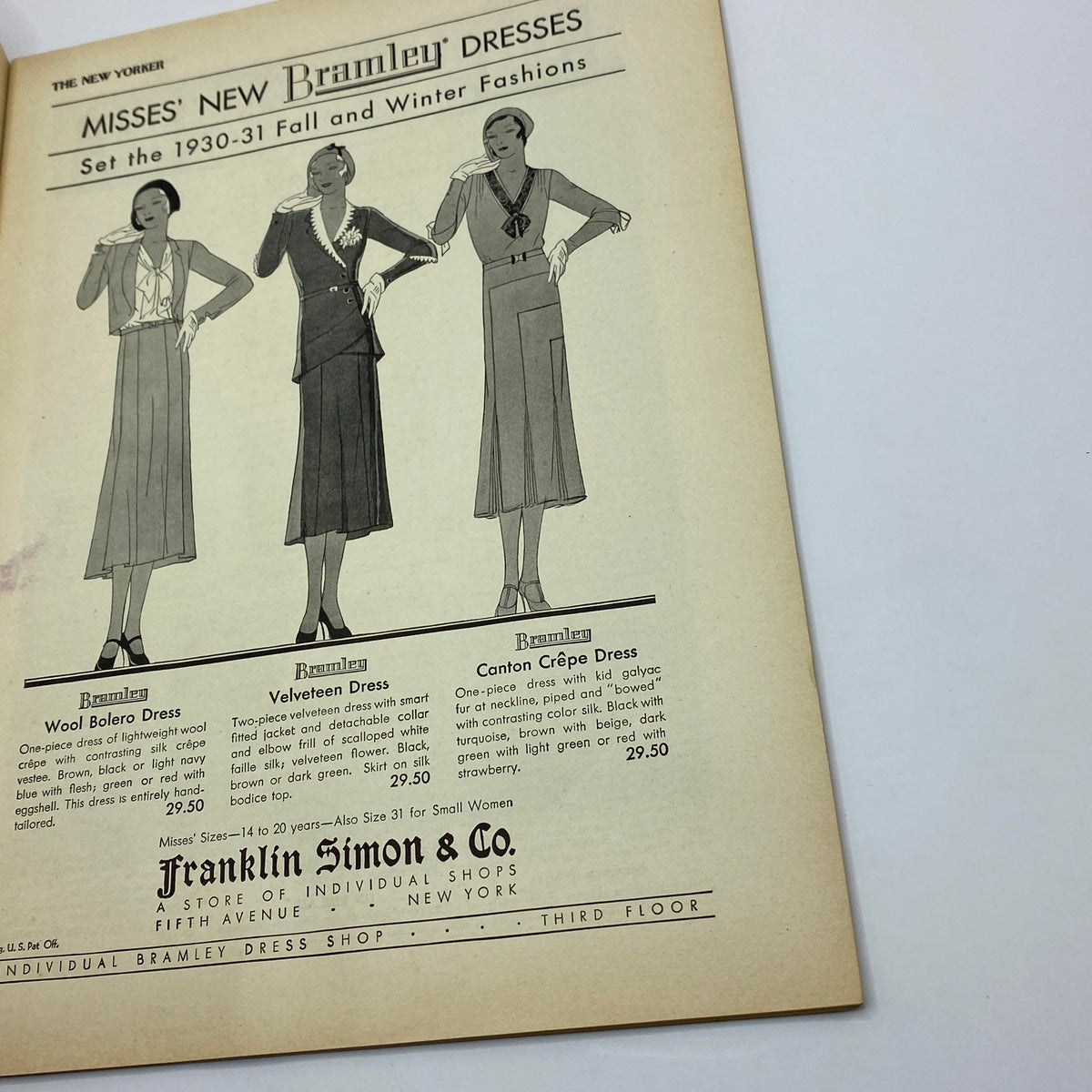 Fashion advertisement from The New Yorker magazine, August 23, 1930, displaying three women's dresses titled 'Misses' New Bramley' featuring elegant designs for fall and winter, promoting the collection at Franklin Simon & Co.