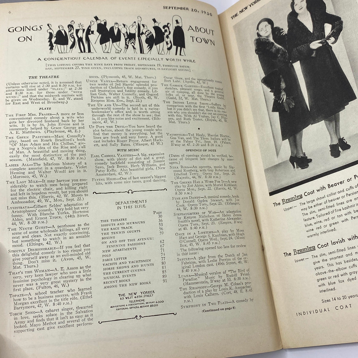 Inside view of The New Yorker Complete Magazine from September 20, 1930, showcasing contents and fashion advertisements, featuring Theodore Haupt's iconic cover art.