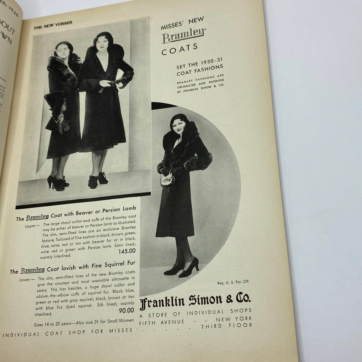 Misses' New Bramley Coats advertisement featuring elegant coat designs from The New Yorker Complete Magazine September 20, 1930 Theodore Haupt Cover VG.