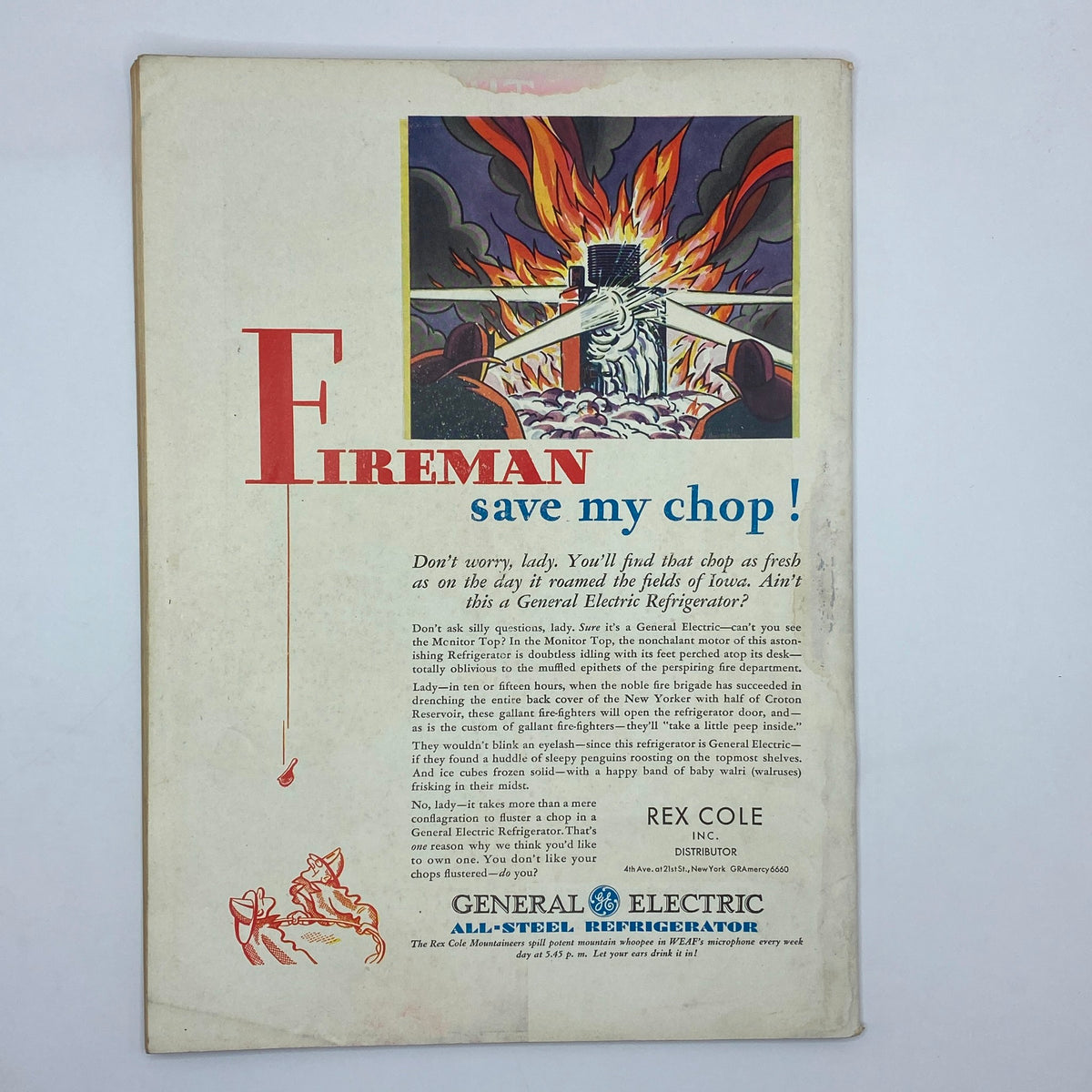 General Electric refrigerator advertisement with a fireman and humorous text from The New Yorker Complete Magazine September 20, 1930 Theodore Haupt Cover VG.