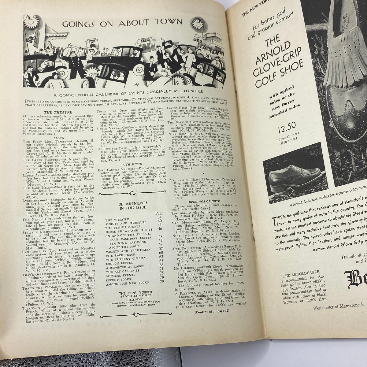 Interior page of The New Yorker Complete Magazine from September 27, 1930 featuring a calendar of events and listings titled 'Goings on About Town,' showcasing vibrant illustrations and advertisements.