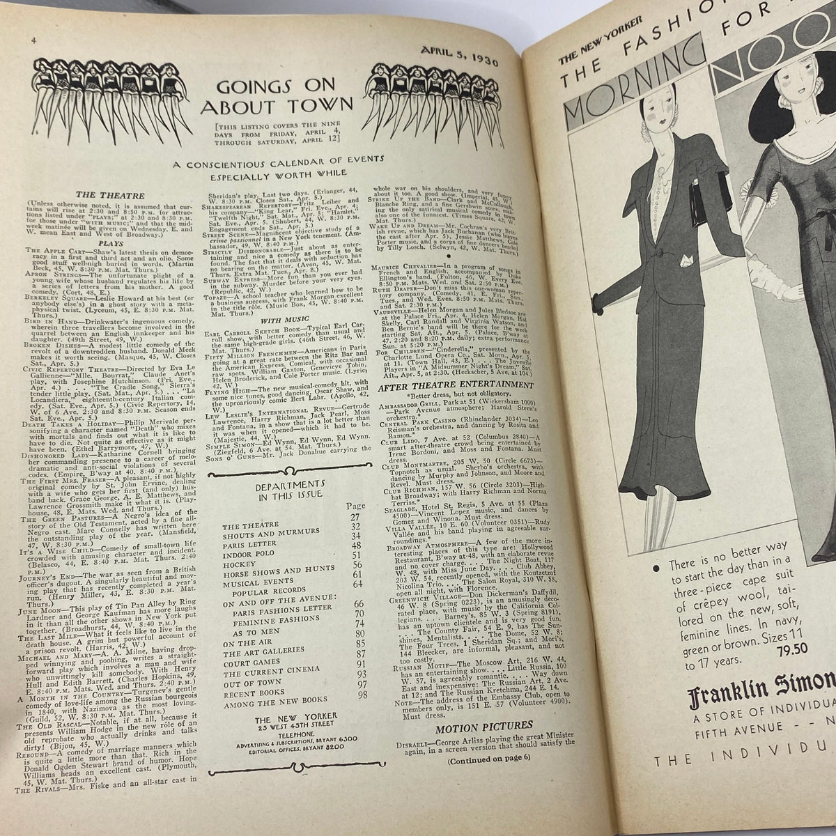 Interior page of The New Yorker Complete Magazine April 5, 1930 featuring 'Goings On About Town' with a calendar of events and listings for the theatre, music, and entertainment.