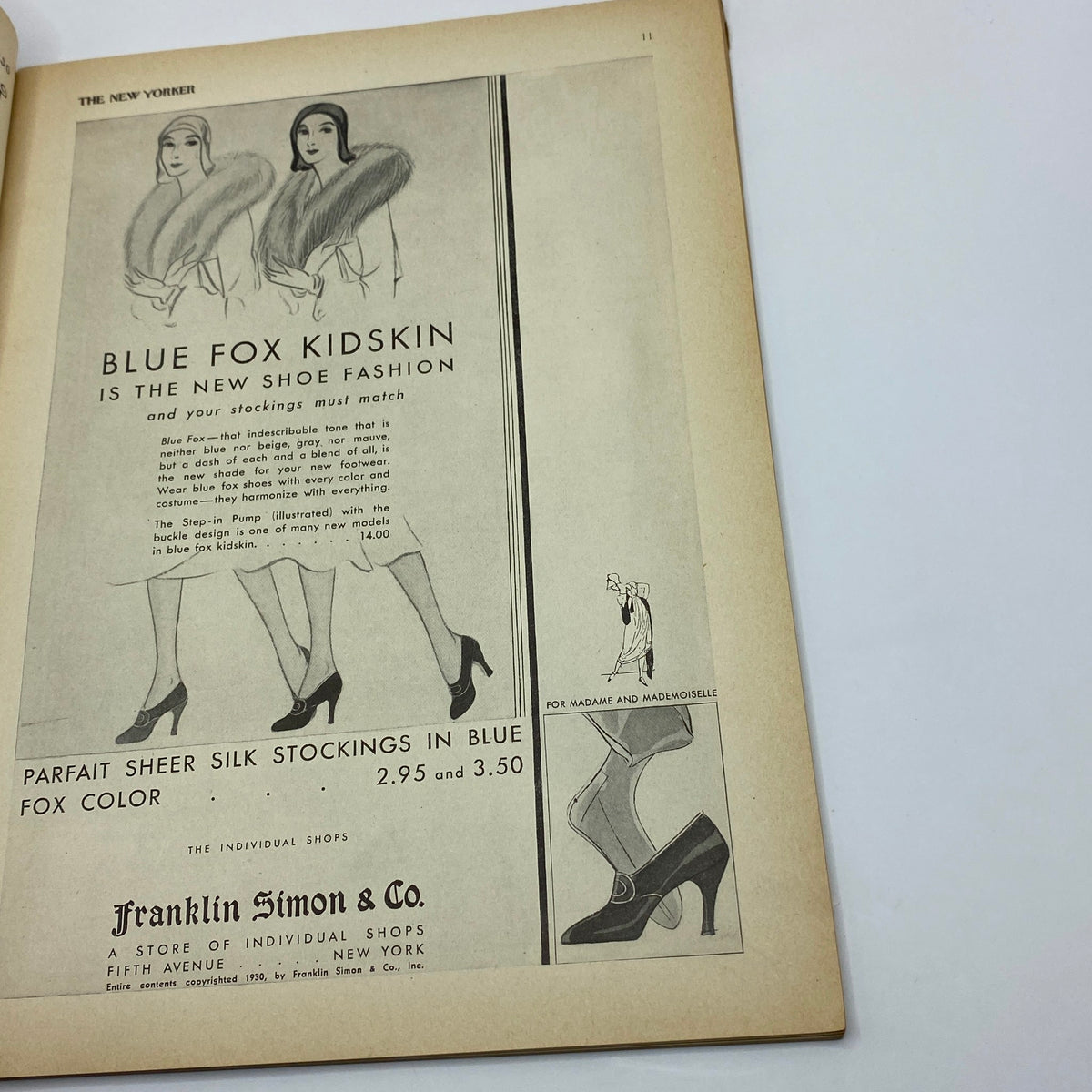 The New Yorker Magazine Complete February 22, 1930, featuring an advertisement for 'Blue Fox Kidskin' shoes along with silk stockings, illustrating early 20th-century fashion.