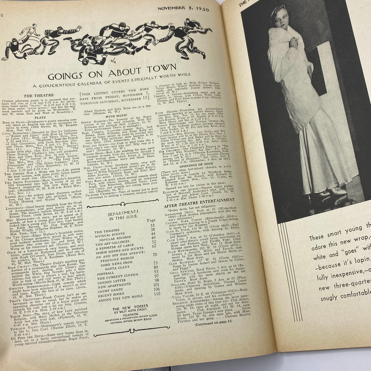 Interior page of The New Yorker magazine from November 8, 1930, featuring a cultural calendar titled 'Goings On About Town' with illustrations and event listings, showcasing the magazine's historical significance and artistic layout.