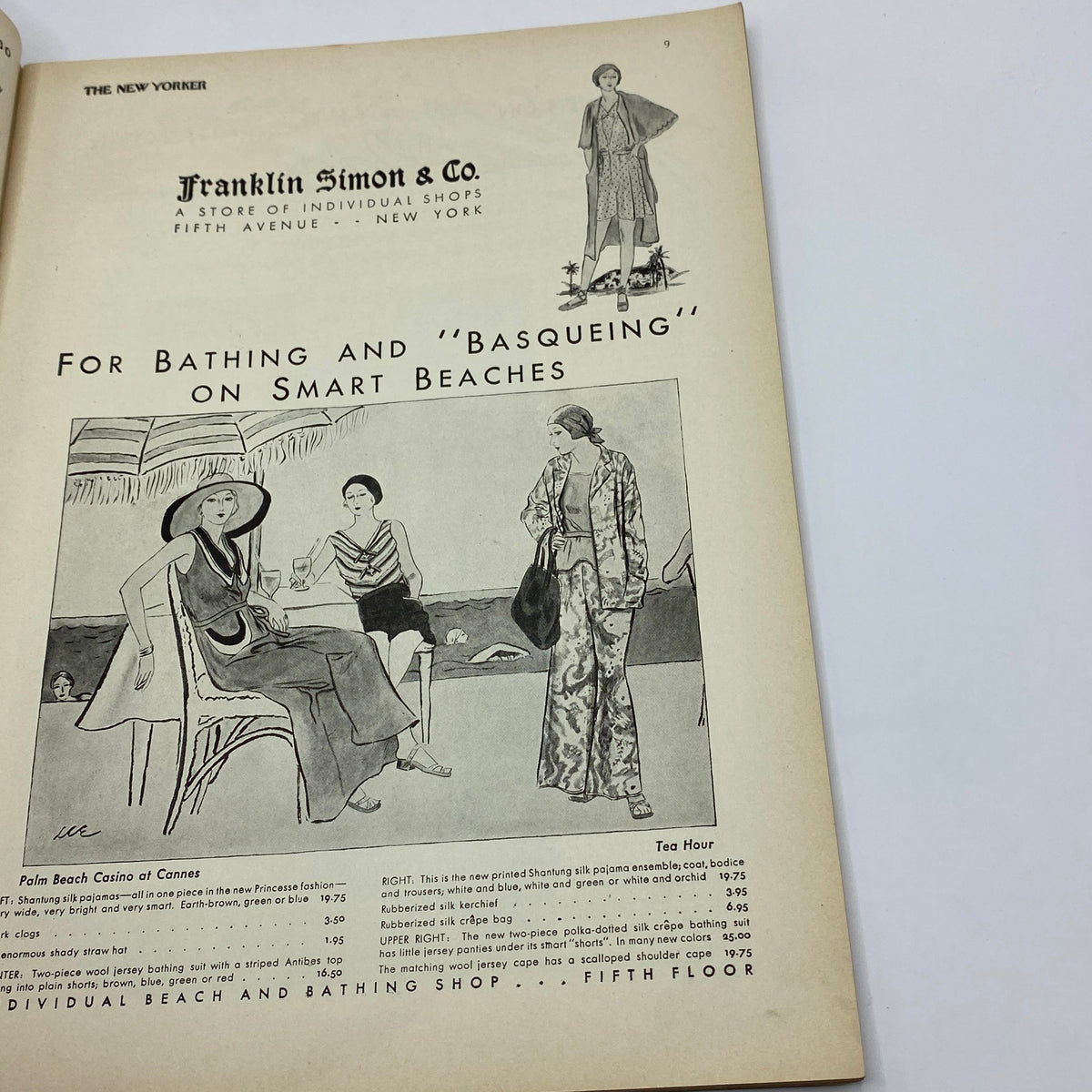 Ad page from The New Yorker magazine, May 17, 1930, showcasing fashion for bathing and 'basqueing' on beaches, emphasizing style trends of the era.