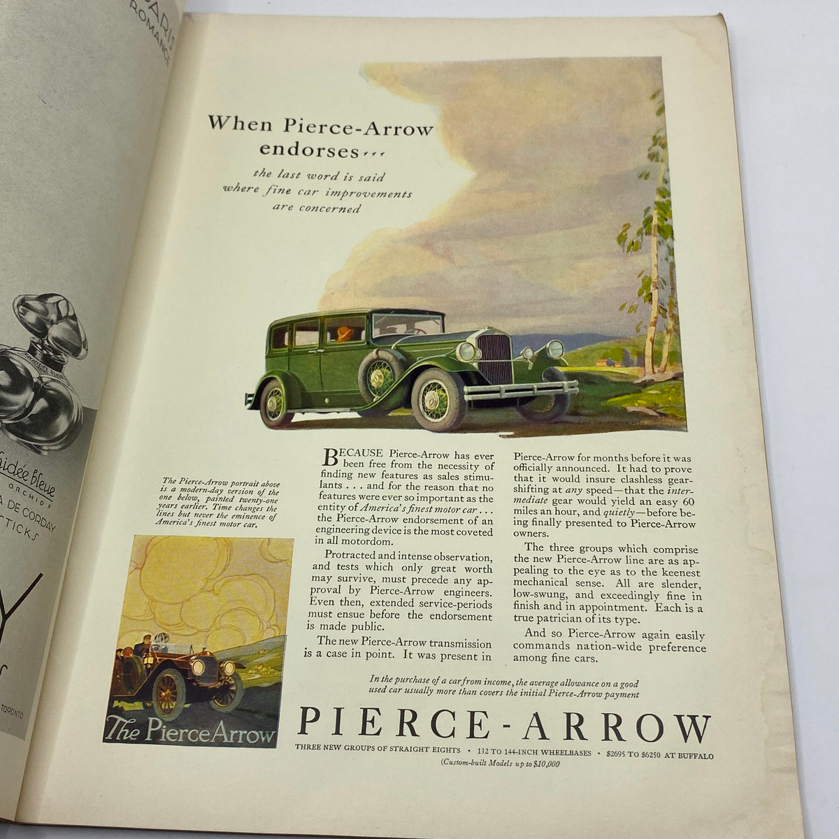 Advertisement for Pierce-Arrow luxury cars in The New Yorker Complete Magazine May 10, 1930, illustrating a classic vehicle and promoting its high standards.