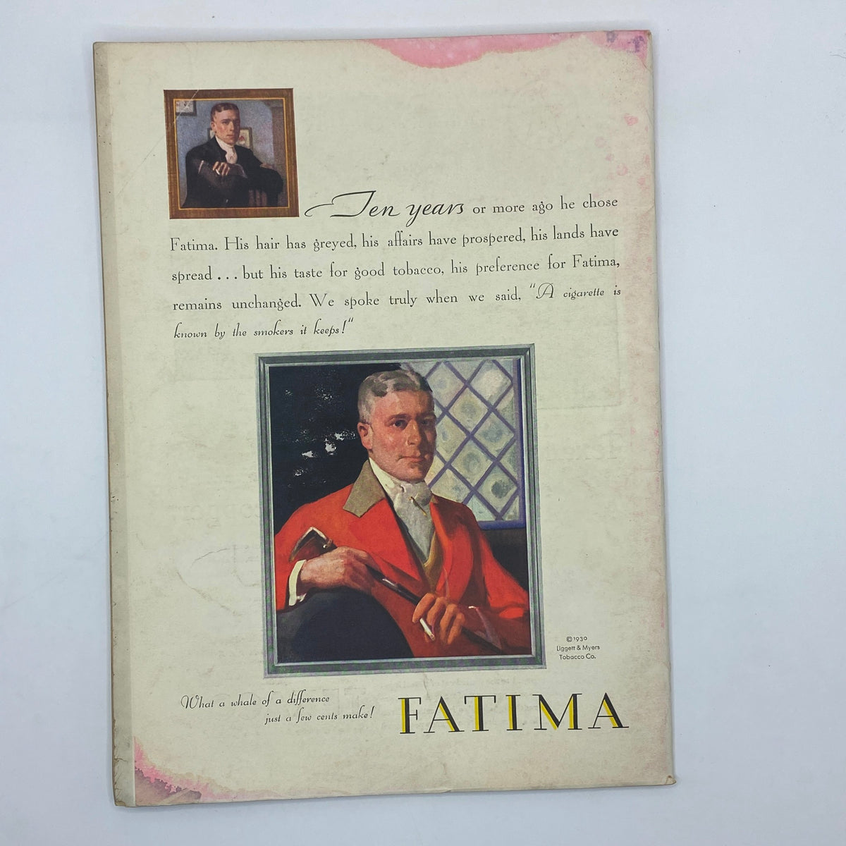 Back cover of The New Yorker Complete Magazine May 10, 1930, featuring an advertisement for Fatima cigarettes, highlighting a gentleman's preference for quality tobacco.