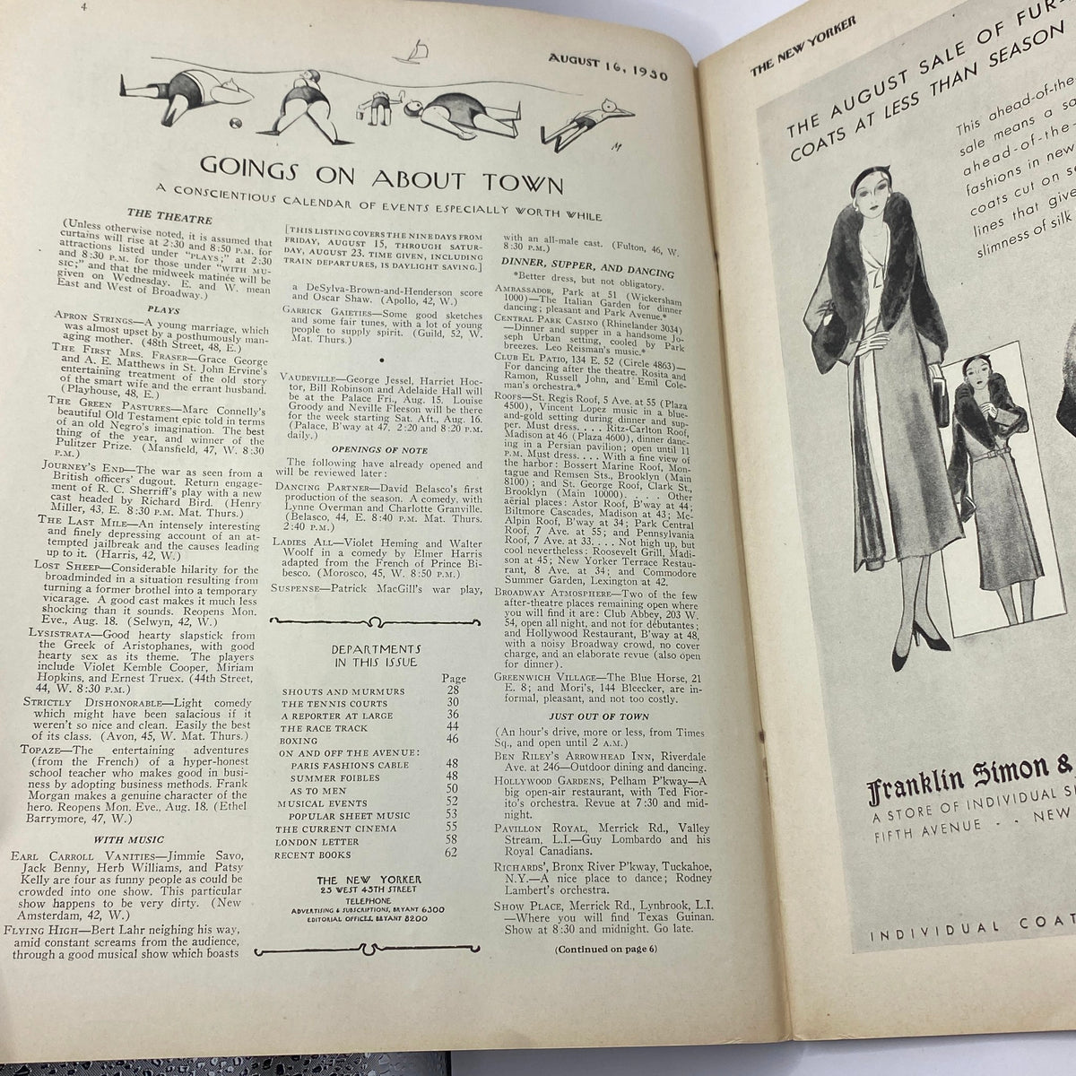 Interior page from The New Yorker magazine, August 16, 1930, featuring 'Goings On About Town' events section, showcasing cultural happenings of the era. This image complements The New Yorker Complete Magazine August 16, 1930 with Barney Tobey Cover.