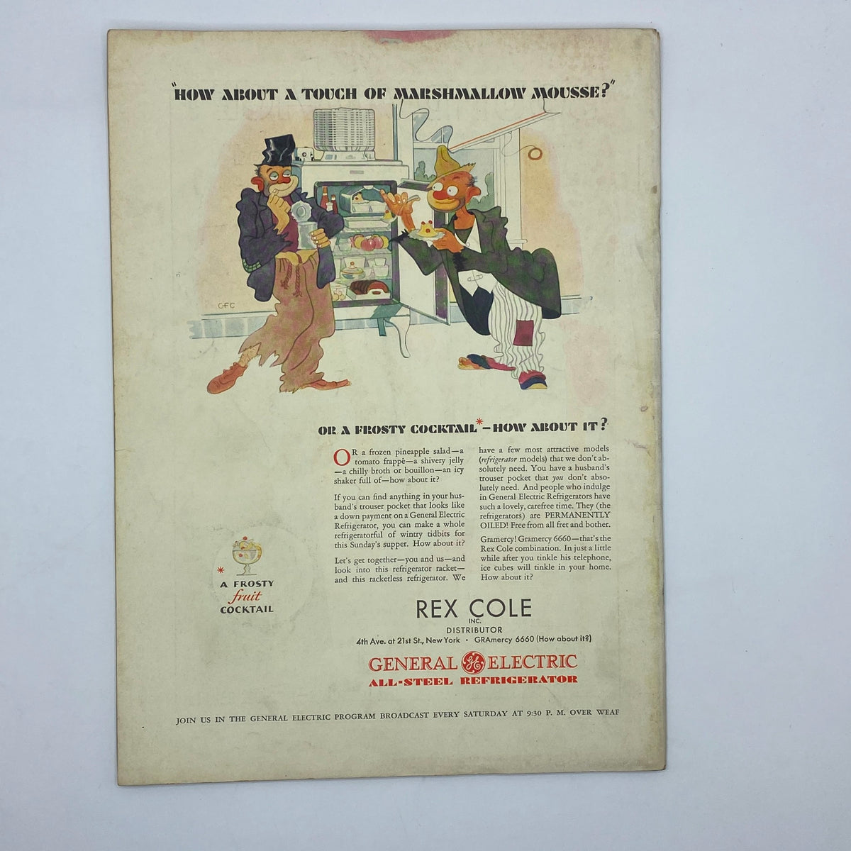 The New Yorker Complete Magazine August 16, 1930 showcasing an advertisement for General Electric's all-steel refrigerator, illustrated with a humorous cartoon.