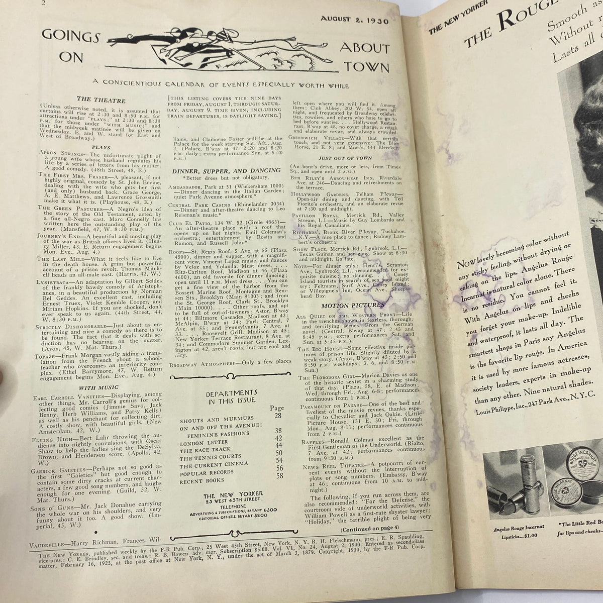 Interior page of The New Yorker Complete Magazine August 2, 1930, featuring a calendar of events and articles about theatre, dining, and dancing.