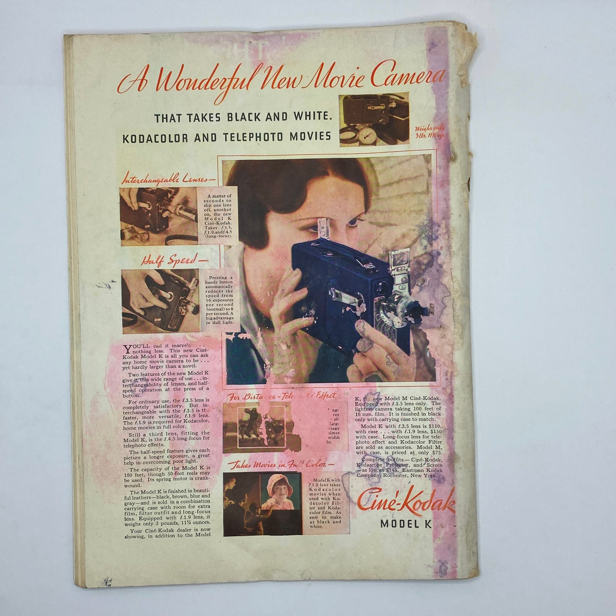 Back cover of The New Yorker Complete Magazine August 2, 1930, advertising the Cine-Kodak Model K movie camera with details on its features and capabilities.