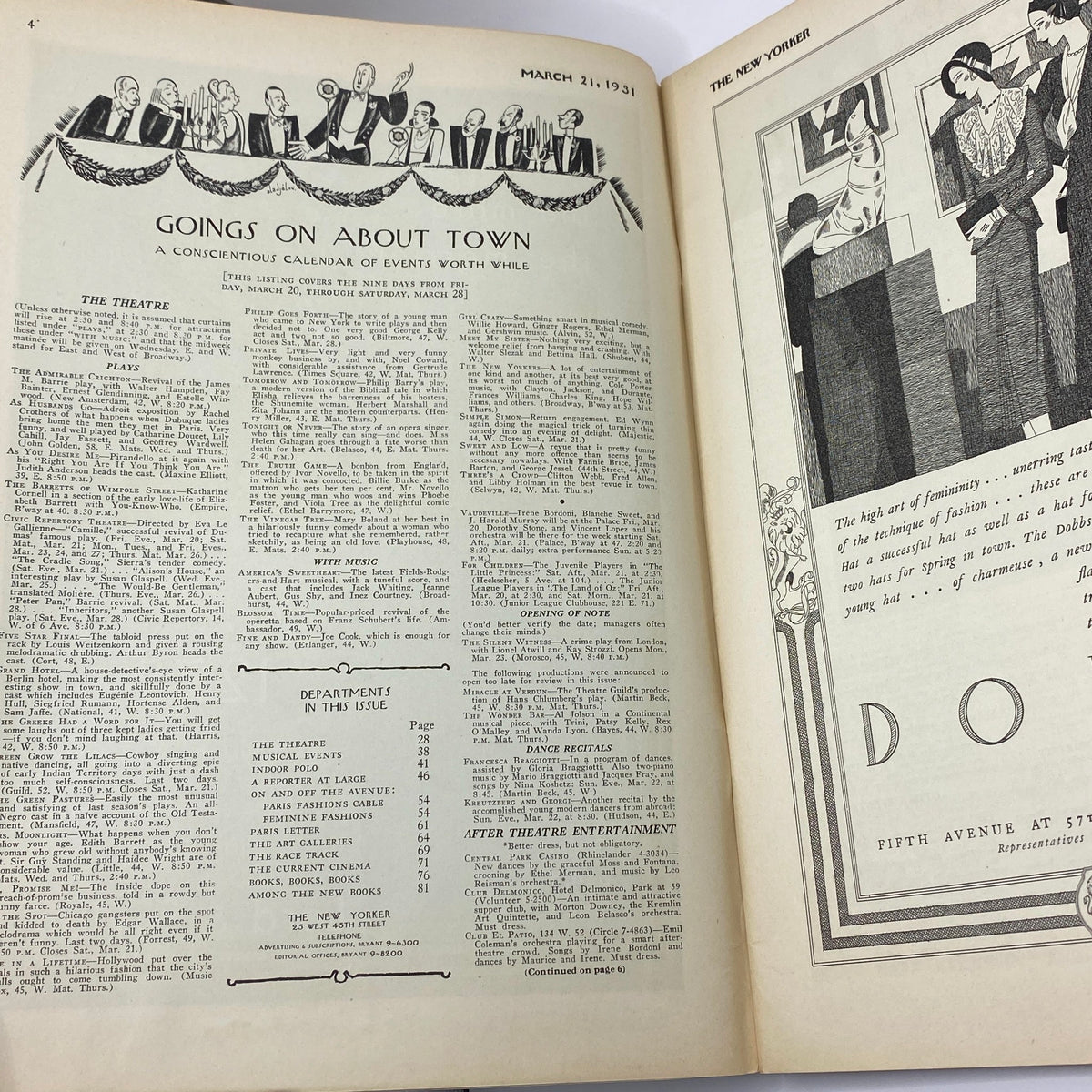 Interior page of The New Yorker magazine from March 21, 1931, featuring a calendar of events and social engagements illustrated with elegant artwork.