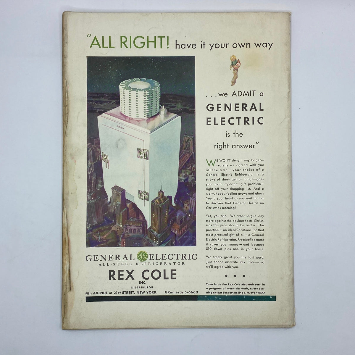 Back cover of The New Yorker magazine, December 12, 1931, featuring an advertisement for General Electric refrigerators.