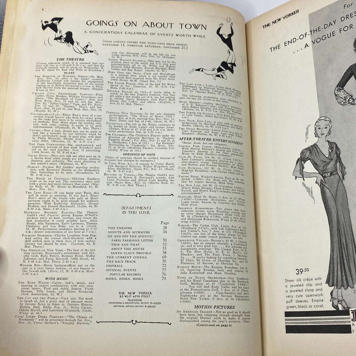 Interior page spread from The New Yorker Complete Magazine November 14, 1931, featuring a calendar of events and theatrical listings.
