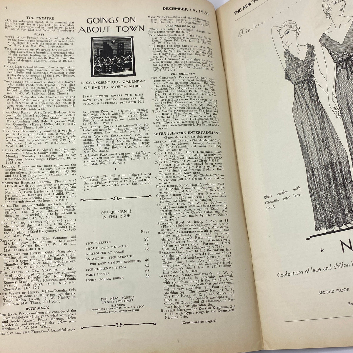 Interior pages of The New Yorker Complete Magazine December 19, 1931 featuring the calendar of events and entertainment listings, showcasing the vintage layout and typography.