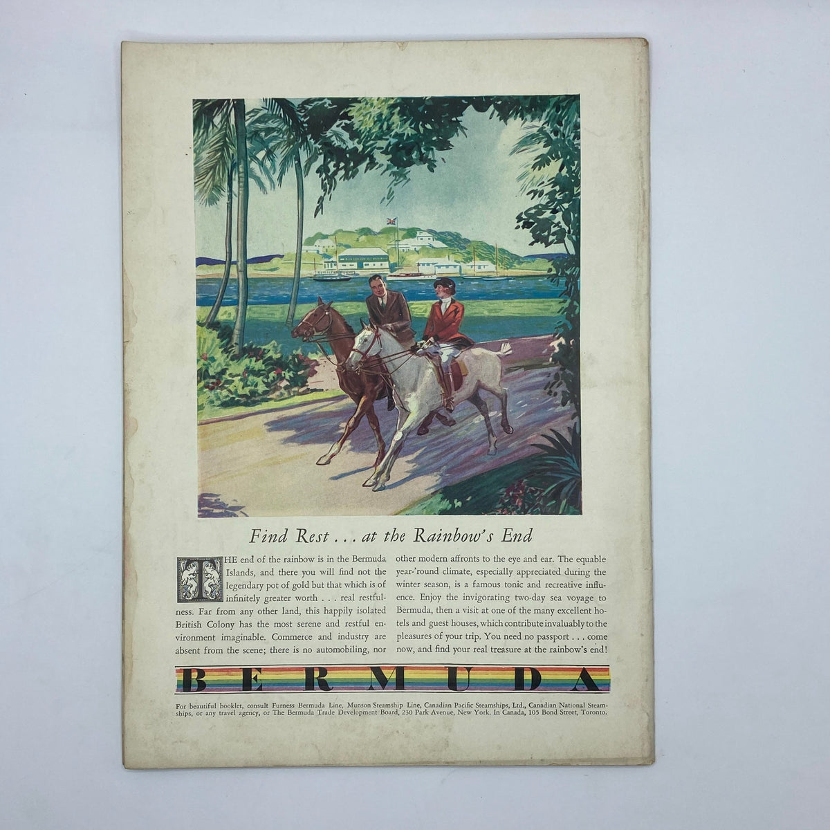 Back cover of The New Yorker Complete Magazine December 19, 1931 illustrating a serene landscape scene with horseback riders, promoting Bermuda as a travel destination.