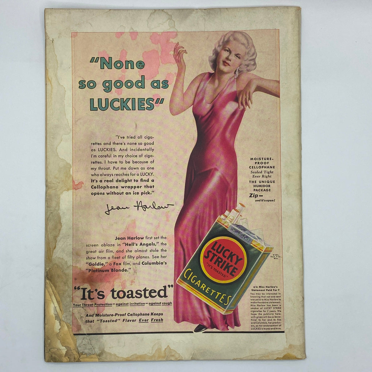 Advertisement featuring vintage actress Jean Harlow promoting Lucky Strike cigarettes, titled 'None so good as LUCKIES', with a pink dress and smiling pose, from The New Yorker Complete Magazine October 24, 1931
