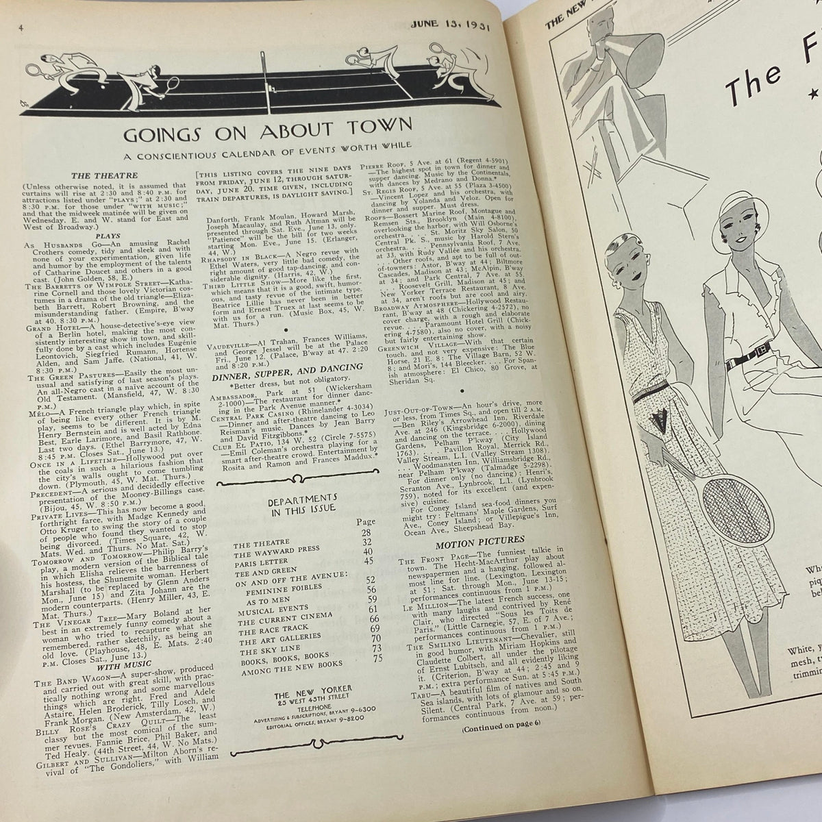 Inside pages of The New Yorker Complete Magazine June 13, 1931 featuring articles and events calendar, showcasing the literary culture of the era.
