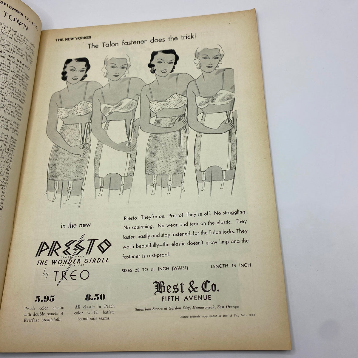 Advertisement for the Presto Wondergirdle from The New Yorker magazine dated September 12, 1931, illustrating women modeling girdles, emphasizing functionality and fashion.