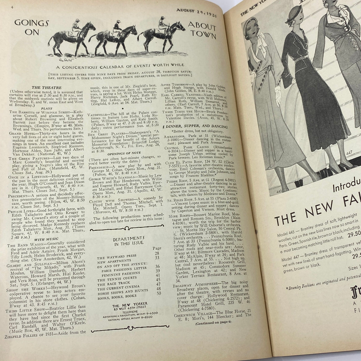 Interior page of The New Yorker magazine from August 29, 1931, featuring articles about local events, dining options, and a fashion advertisement reflecting the style of the era. The magazine is titled 'The New Yorker Complete Magazine August 29, 1931'.