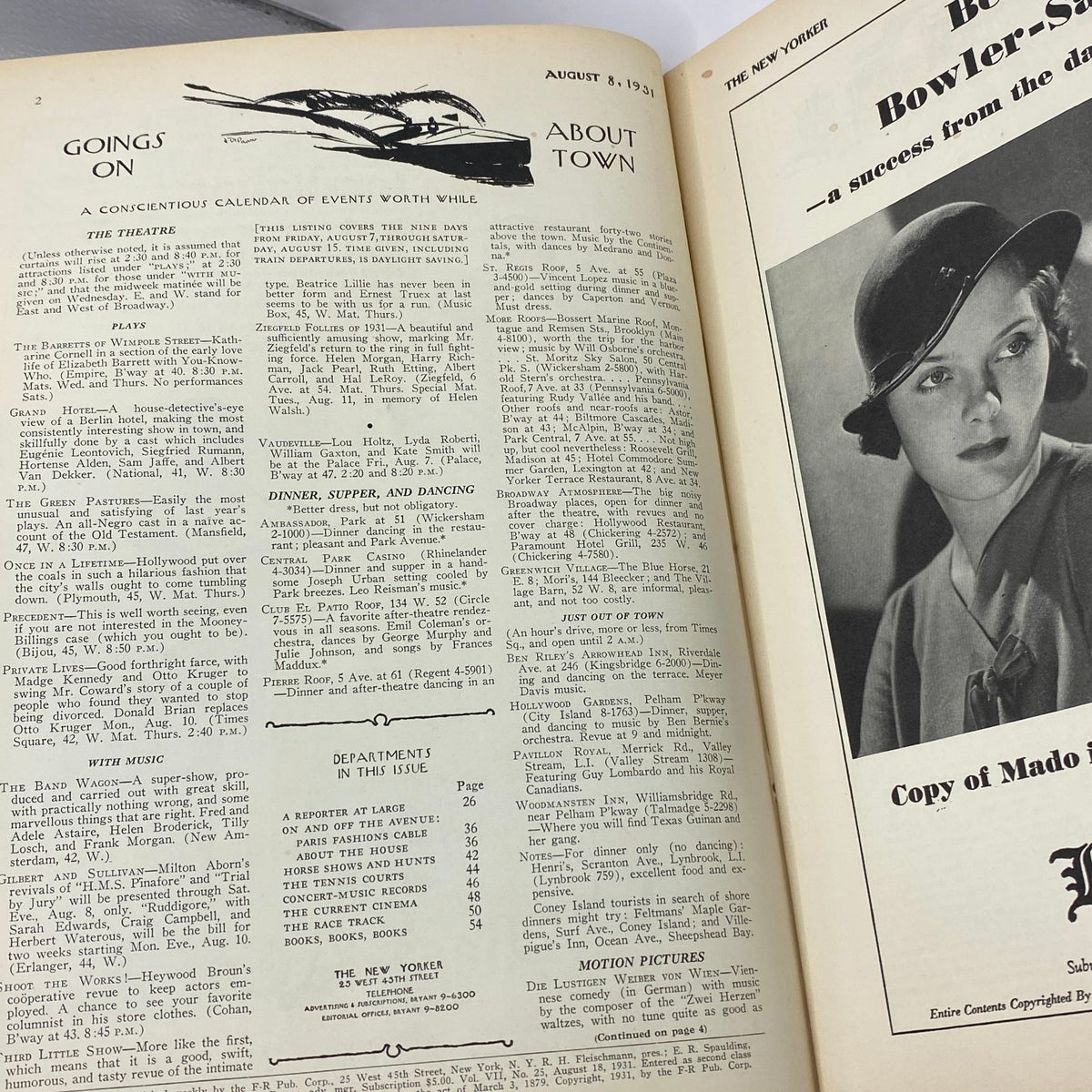 Interior page of The New Yorker Complete Magazine August 8, 1931, featuring a calendar of events titled 'Goings On About Town', highlighting theater plays and local dining options.