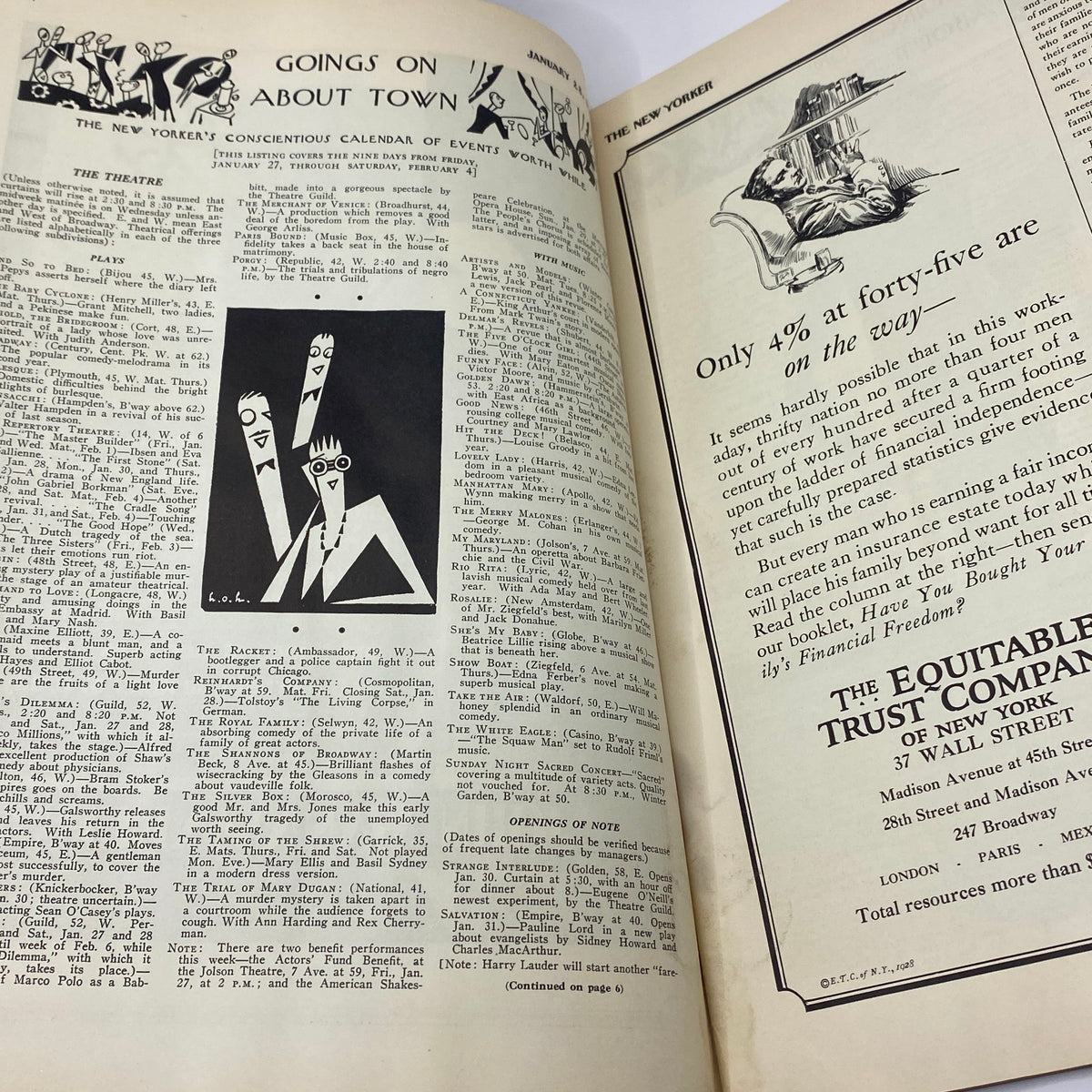 Interior page of The New Yorker Complete Magazine January 28, 1928 displaying the 'Goings On About Town' section with event listings and artistic illustrations.