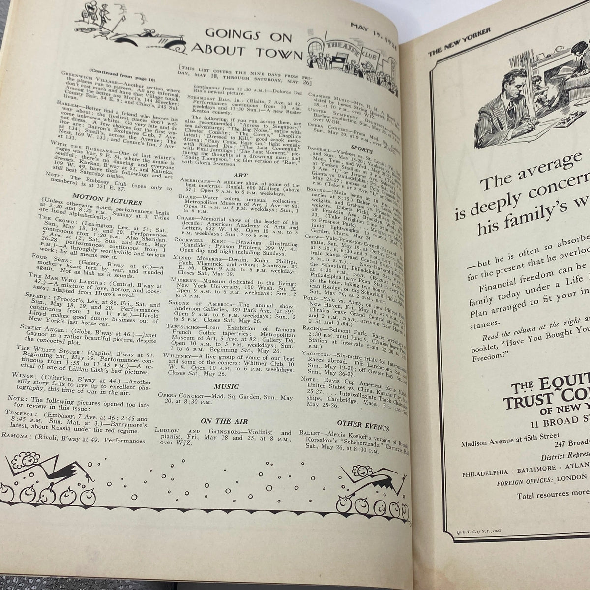 Inside spread of The New Yorker Complete Magazine May 19, 1928 highlighting cultural features and events from the era.