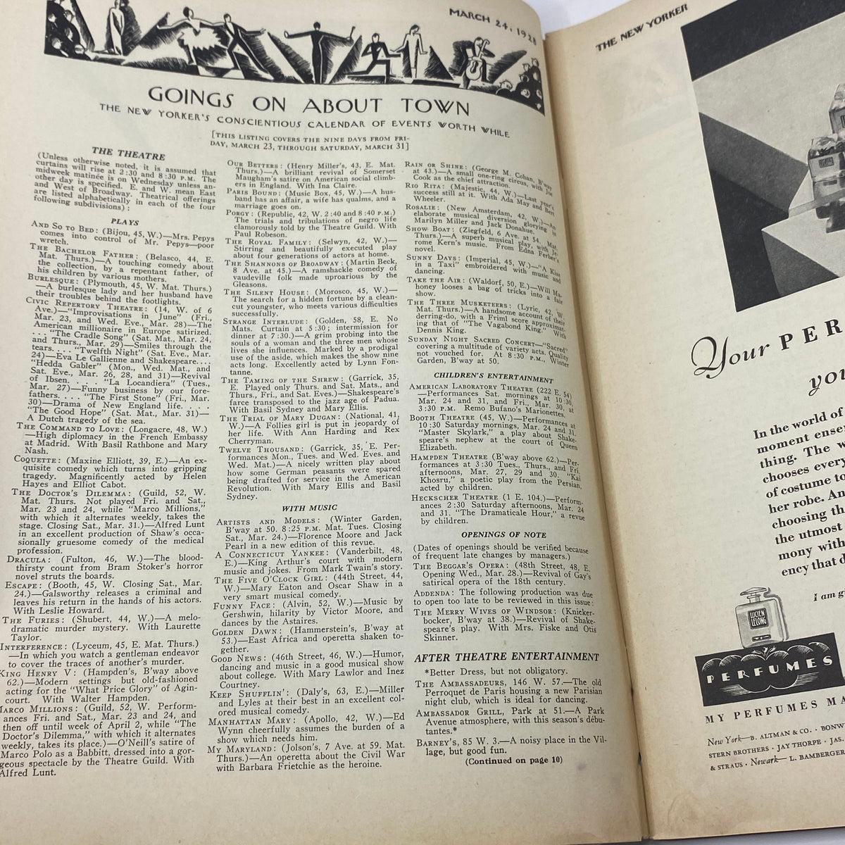 Interior page of The New Yorker Complete Magazine March 24, 1928, featuring the 'Goings On About Town' listing, reflecting the cultural events of New York during the late 1920s.