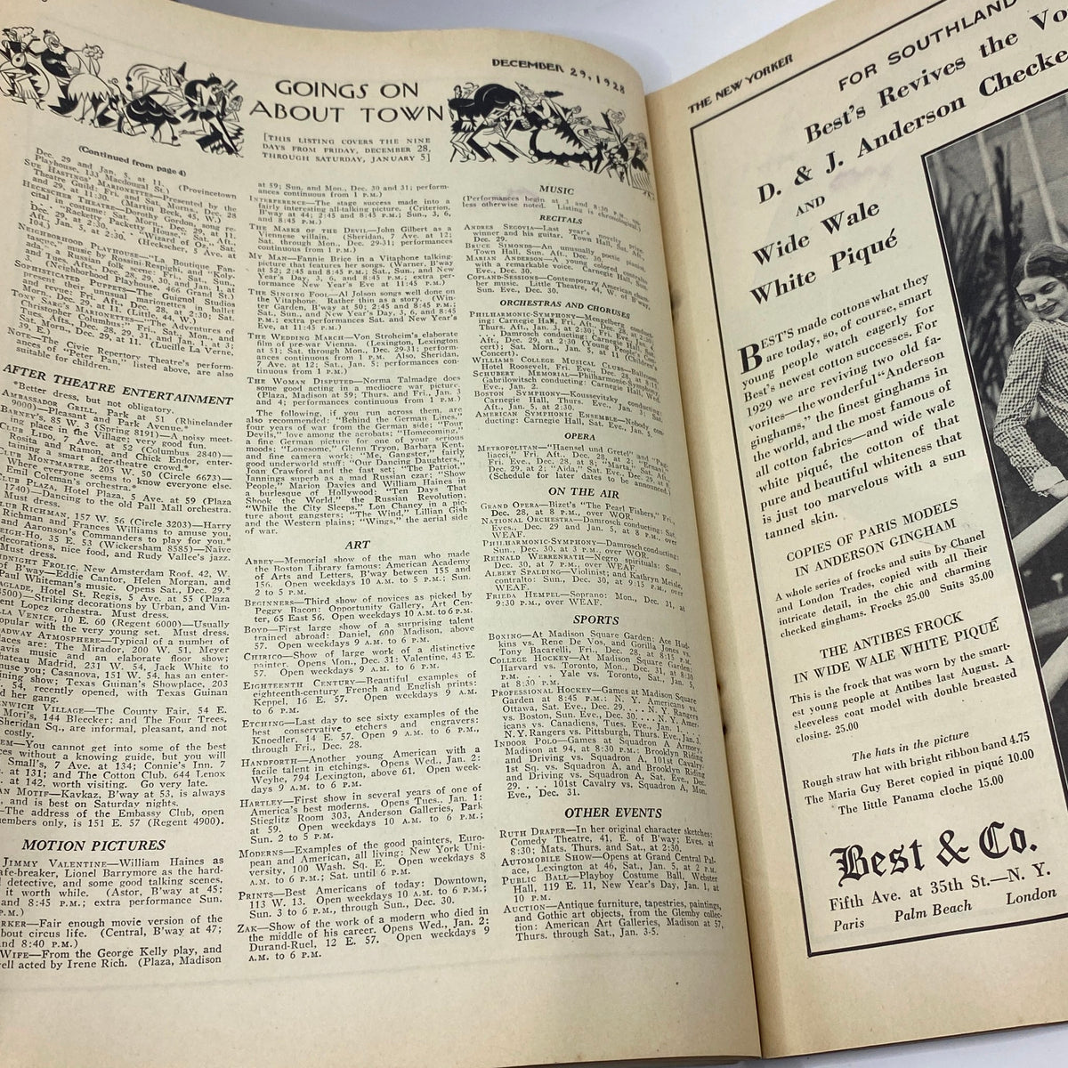 Interior page of The New Yorker Complete Magazine December 29, 1928 with articles including 'Goings On About Town' and entertainment listings.