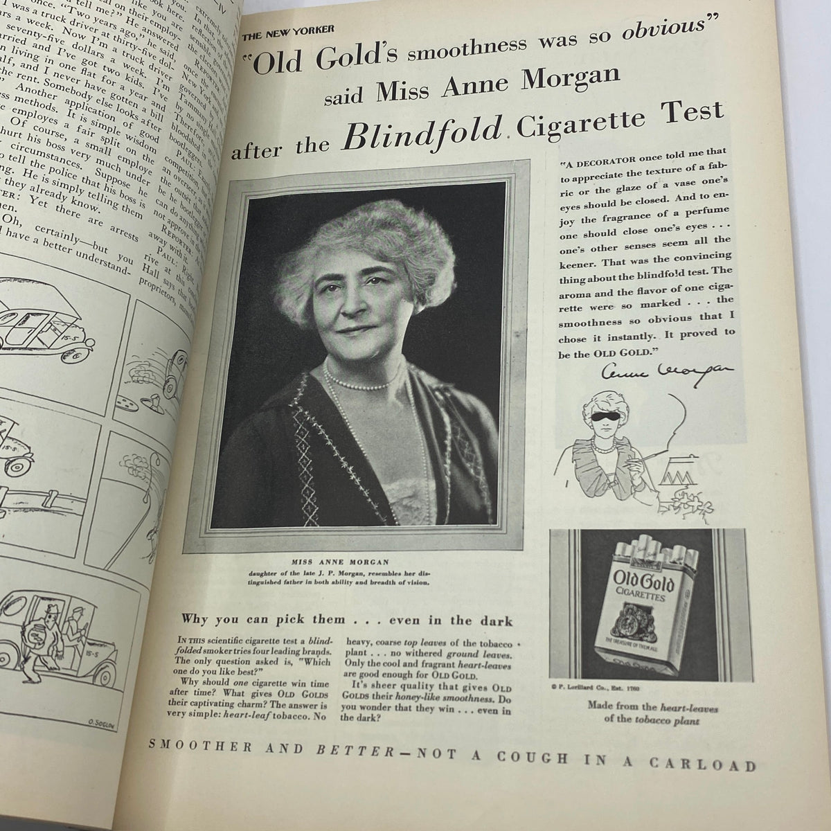Advertisement for Old Gold cigarettes featuring Miss Anne Morgan, from The New Yorker Complete Magazine May 26, 1928, highlighting historical advertising.