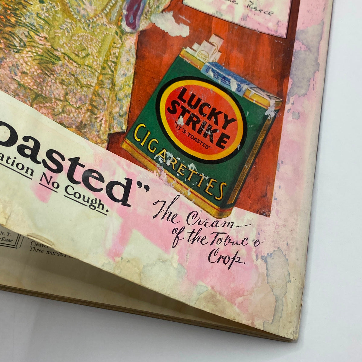 Close-up of the Lucky Strike cigarette advertisement in The New Yorker Complete Magazine May 26, 1928, promoting its unique qualities.
