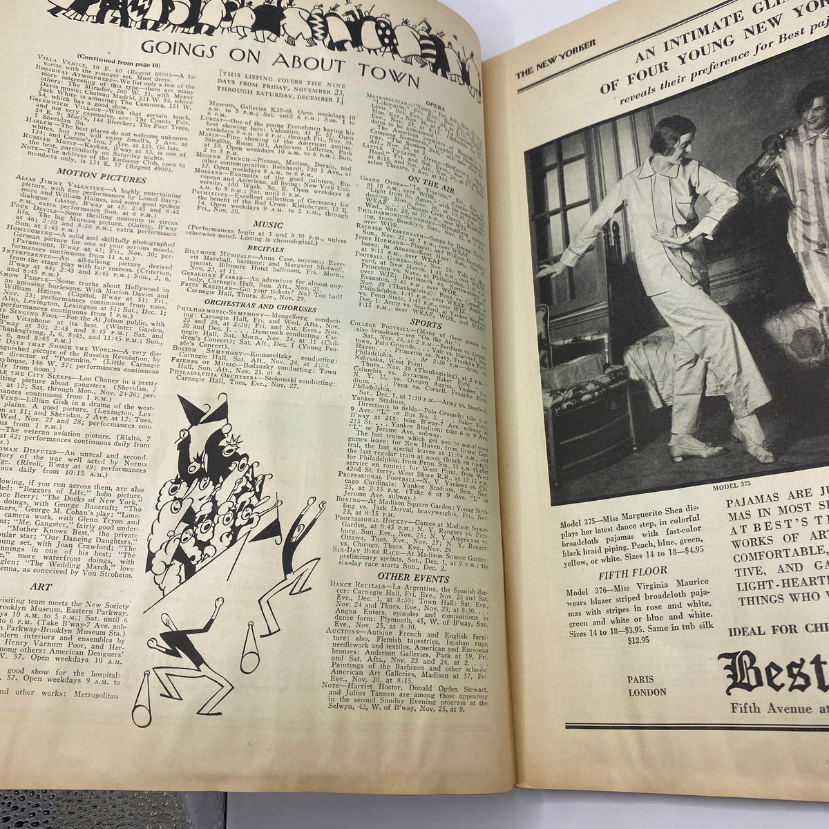 The New Yorker Complete Magazine November 24, 1928, featuring a double-page spread of articles and illustrations, showcasing vintage content and artistic design from the late 1920s.